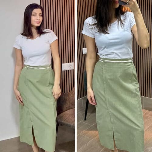 EXLURA Womens Linen Elastic Waist Straight Midi Skirt Summer Cotton Maxi Long Boho Skirts Slit Beach Vacation Outfits 2026 Grey Green - Thumbnail 6