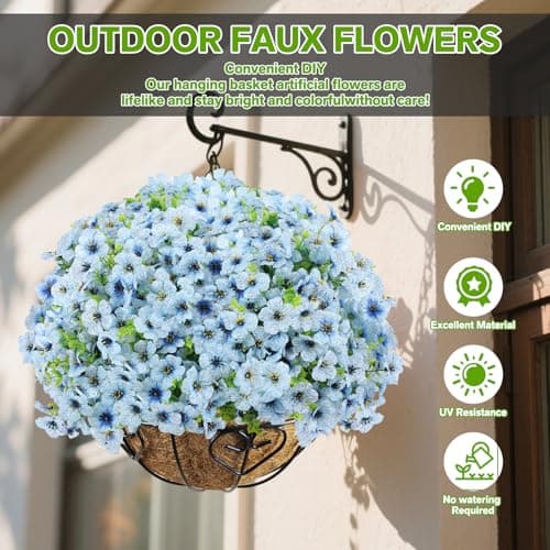 Artificial Flowers for Outdoor Indoor,Silk Flowers No Fade Fake Plastic Flowers Faux Plants for Outdoors Outside Front Porch Hanging Planter Window Box Garden Home Decoration,13 Bundles(Blue) - Thumbnail 2