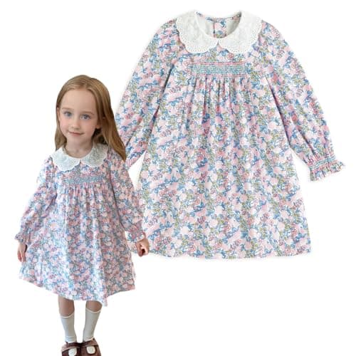 Toddler Girls Floral Long Sleeve Casual Dress Handmade Smocking Toddler Ruffle Dress for Autumn and Spring 2T - Image 1