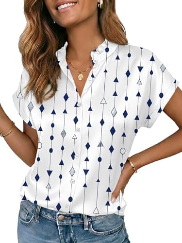Funlingo Womens Tops Short Sleeve Button Down Shirts Dressy Casual Ruffle Collar Satin Silk Blouses 2026 Summer Fashion Clothes Geometric White S - Image 1