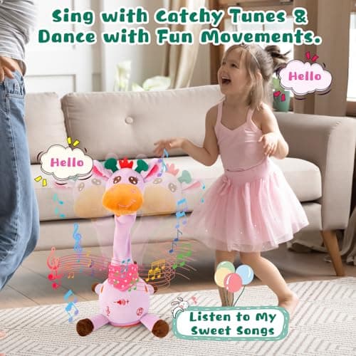 MIAODAM Dancing Giraffe Singing 10 Children's Song, Stuffed Baby Toy Repeats What You Say, Christmas Colorful Glowing Plush Interactive Toys Easter Day Gifts for Kids (Purple Giraffe) - Thumbnail 2