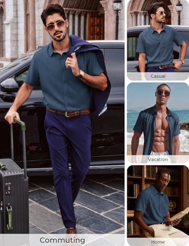 PJ PAUL JONES Mens Shirt Short Sleeve Business Casual Shirts Slim Fit Button Down Dress Shirt Deep Blue - Thumbnail 2