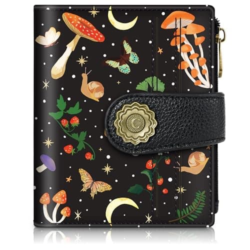 Chelmon Mushroom Butterfly Small Wallet Woman RFID Blocking, PU Leather Bifold Credit Card Ladies Wallets with ID Window, Cute Zipper Coin Pocket Purse for Girls - Image 1