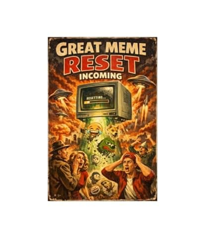 Great Meme Reset Incoming Metal Sign - 8x12 Inch Vintage Tin Plaque Featuring Meme Icons & Alien Invasion Art, Perfect for Humorous Home or Office Decor, Pre-Drilled for Easy Hanging - Image 1