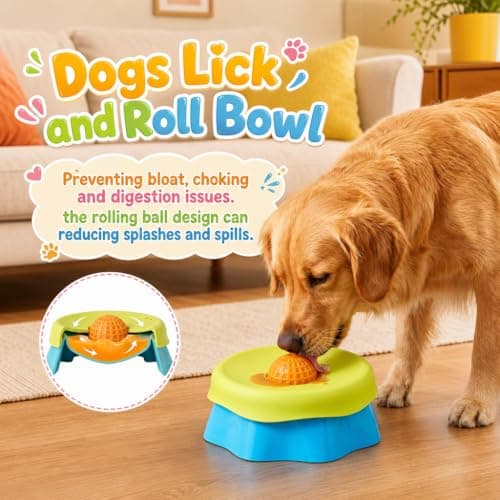 Slow Feeder Dog Bowls for Liquid Treat, Anti Slip Dog Lick Bowl with Rolling Ball for Puppies Medium Small Dogs, Dichromatic Dog Licking Bowl for Boredom Anxiety Relief, Includes Cleaning Brush - Thumbnail 2