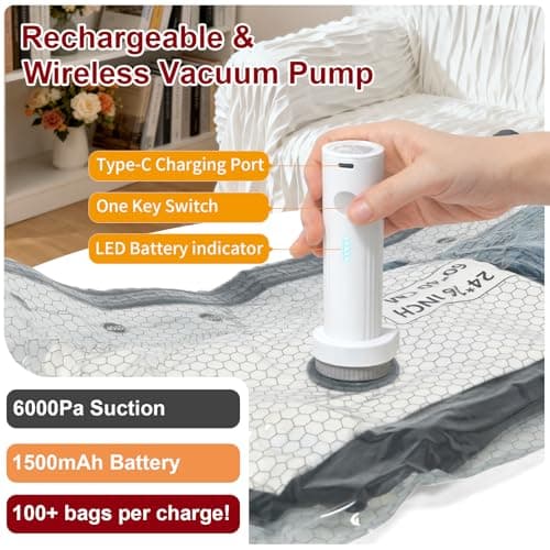 Vacuum Storage Bags with Portable Electric Pump,Space Saver Sealer Bags, Airtight Compression Bags for Clothes, Pillows, Comforters, Blankets, Bedding (12 Pack) - Thumbnail 6