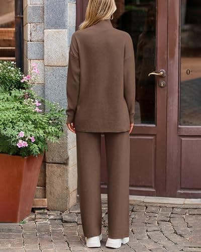 dowerme Women Spring 2 Piece Outfits 2026 Winter High Neck Sweater Sets Drawstring Wide Leg Pant Chunky Knit Lounge Set(Brown,Large) - Thumbnail 5