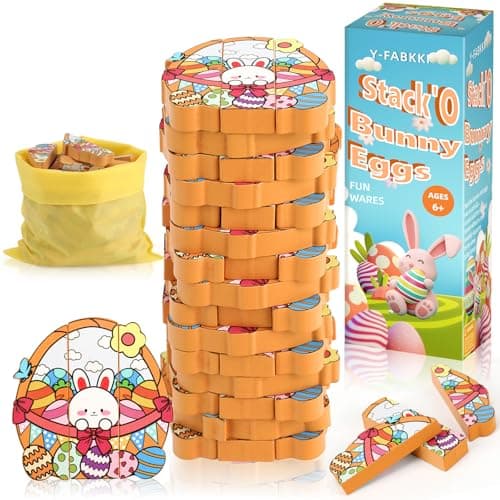 Easter Wooden Blocks Stacking Games, Bunny Egg Basket Theme Tumbling Tower and Balance Game for Adults, Kids, and Family Party, Stacking Board Toy with Storage Bag, Easter Party Activities Gifts - Image 1