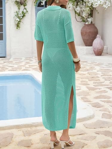 Fisoew Womens Crochet Swimsuit Coverup Summer Hollow Out Short Sleeve V Neck Bikini Coverups Vacation Beach Maxi Dress Mint - Thumbnail 3