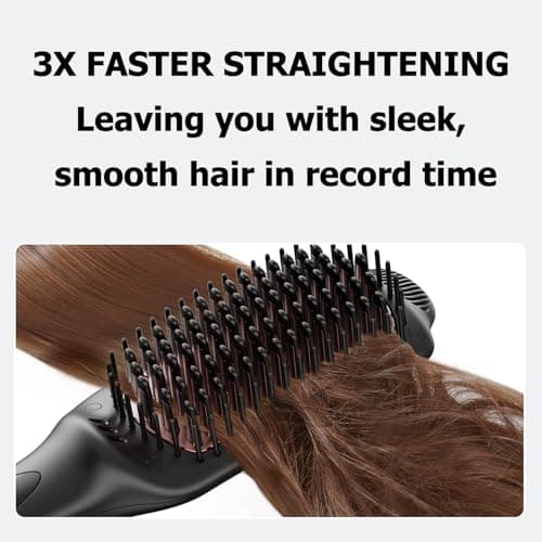 LANDOT Hair Straightener Brush for Thick Curly Hair - Ionic Ceramic Straightening Brush with Dense Bristles & 12 Temp Settings, Dual Voltage, Fast Heating for Frizz-Free Smooth Hair, Black - Thumbnail 2