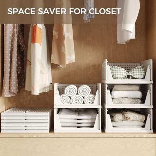 Pinkpum 6 Pack Closet Organizers Storage Bins, Stackable Plastic Drawer Basket for Clothing, Stackable Storage Bins Shelf Storage Container for Closet Wardrobe Bedroom Bathroom Office White - Thumbnail 3