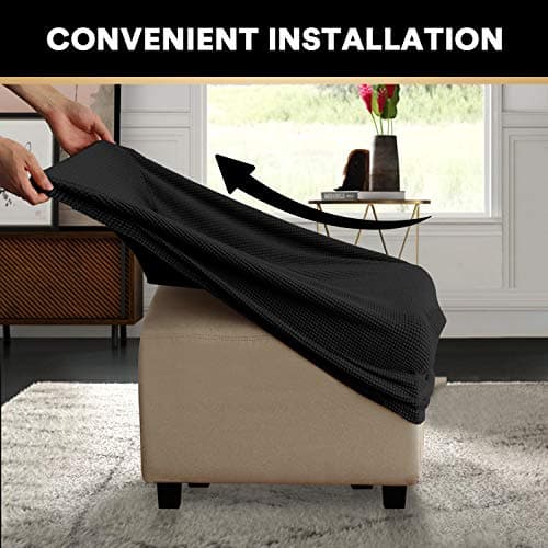 PrinceDeco Stretch Ottoman Cover Ottoman Slipcovers Square for Living Room Foot Stool Stretch Covers to Fit Ottoman Foot Rest, Thick Checked Jacquard Fabric with Elastic Bottom (Medium Size, Black) - Thumbnail 6