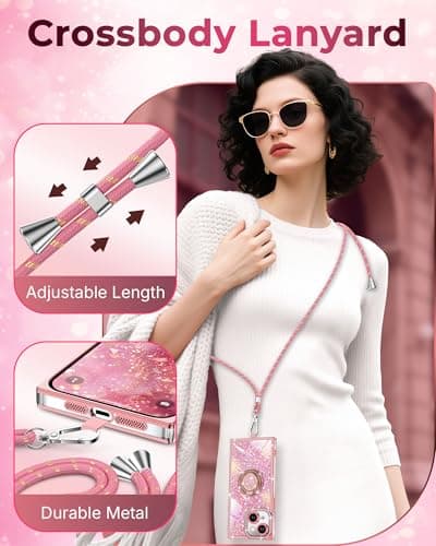 XYZ for iPhone 14 Case, Glitter Bling Phone Cover with 2-Ring Heart Stand & Lanyard, Women Girls Luxury Rhinestone Shockproof Protective Case for iPhone 14, Pink - Thumbnail 5