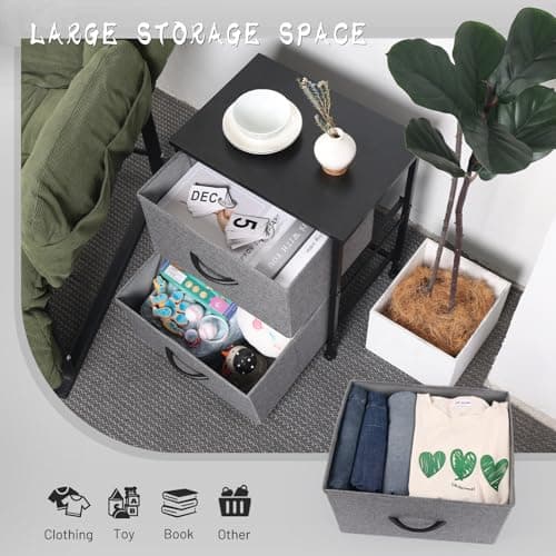 FIOCNOLE Nightstand with 2 Fabric Drawers, Rustic Black Wood Top, 16.5" L x 11.8" W x 19.3" H - Thumbnail 5