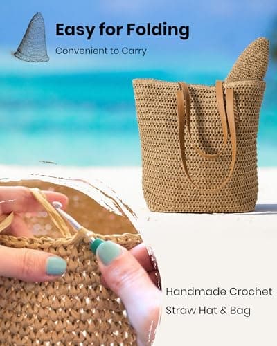 Beach Bags for Women & Sun Hat Set, Handmade Crochet Tote Bag for Summer Vacation, Beach Hat UPF50+ Protection, Perfect for Summer Travel & Beach Days Green - Thumbnail 6