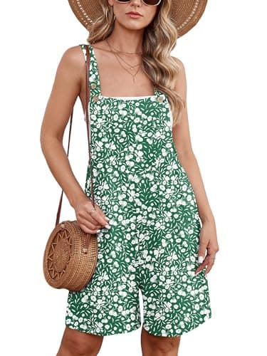 Moodclo Womens Romper Green Dandelion Medium Casual Loose Sleeveless 2025 Summer One Piece Outfit Short Jumpsuit Overall Outfits & Pockets - Image 1