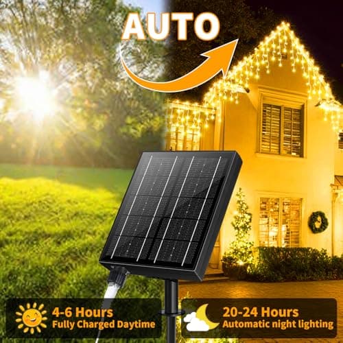LairtPOW Solar Powered Icicle Lights Outdoor Christmas - 660LED 66+16FT Icicle String Lights with Remote, 8 Modes, Timer, IP65 Waterproof. Rechargeable Battery for Porch, Roof, Xmas (Warm White) - Thumbnail 2