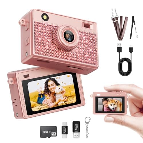 HOTU Mini Keychain Camera, 2K 20 MP Bling Mini Digital Camera with 16G Card for Travel and Vlog, Long Battery Life, Photo Video Camera Compact and Portable for Kids, Teens, Rose Gold - Image 1