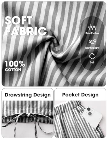 EXLURA Womens 100% Cotton 2 Piece Outfits Stripe Drawstring Crop Tank Tops Wide Leg Pant Sets Faux Linen Summer Cruise Beach - Thumbnail 6