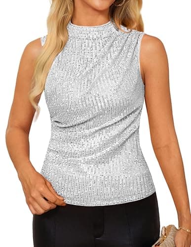 Sleeveless Cami Crop Vest for Women Sparkly Sequin Tank Tops Glitter Shimmer Club Party Top Shirts Silver White Large - Image 1
