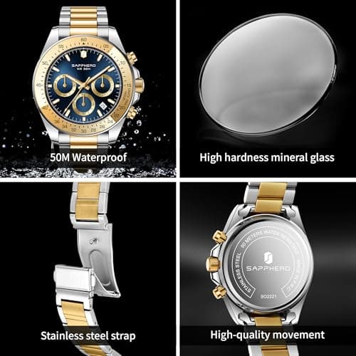 SAPPHERO Mens Watches Stainless Steel Analog Quartz Chronograph Waterproof Men's Wrist Watches Business Classic Fashion Dress Watch with Calendar Gifts for Men - Thumbnail 5