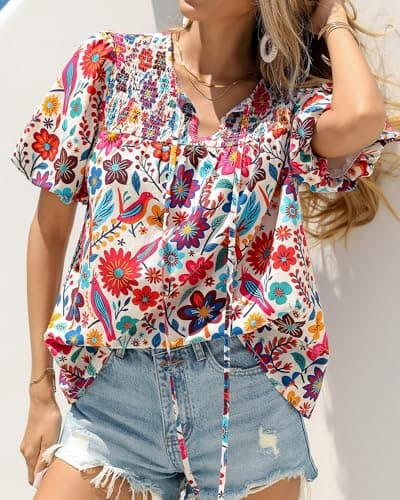 KIRUNDO Boho Tops for Women Summer 2026 Dressy Floral Blouse V Neck Drawstring Short Sleeve Shirts Beach Vacation Clothes(White Multicolored, Large) - Thumbnail 4