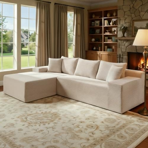 105’’ L-Shape Modular Sectional Sofa with Chaise, Convertible Cloud Couch, Corduroy Fabric & High-Density Memory Foam, No Assembly Required for Living Room (Beige, Left Facing Chaise) - Image 1