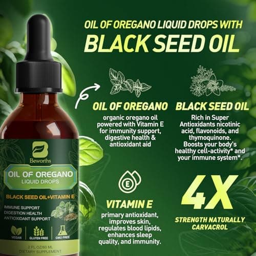 B BEWOTHS Organic Oregano Oil Drops | Oil of Oregano with Black Seed Oil, Vitamin E, 80% Carvacrol Oregano Drops for Immune, Antioxidant, Gut Detox Cleanser Support - Non-GMO, Vegan (240-day Supply) - Thumbnail 3
