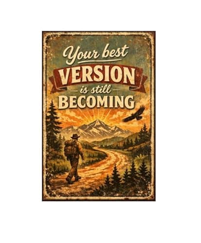 Your Best Version Is Still Becoming Tin Sign Inspirational Quote Metal Wall Decor Vintage Mountain Trail Artwork Motivational Rustic Plaque for Home Office Gym Cabin Man Cave Wall 8x12 Inch - Image 1