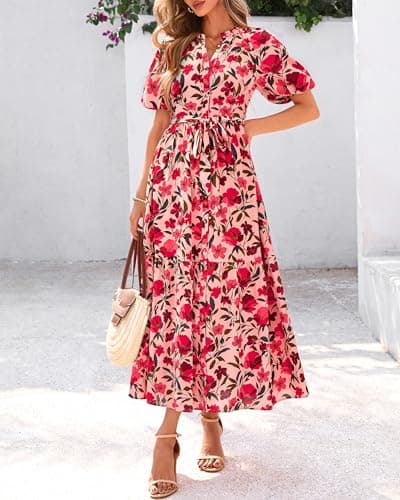 BTFBM Summer Dresses for Women 2026 Boho Short Sleeve V Neck Button Belt Flowy Spring Clothes Beach Vacation Maxi Dress(Floral Red Orange Pink, Medium) - Thumbnail 5