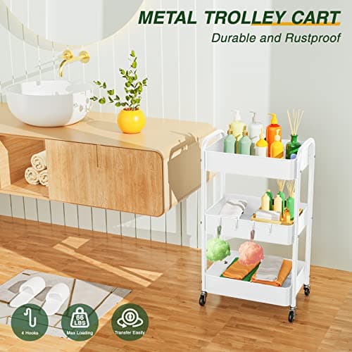 LEHOM 3 Tier Rolling Storage Cart, Metal Trolley Utility Cart with Wheels & Hooks, Easy Assembly Organizer Storage Cart for Bathroom Kitchen Office Bedroom - Thumbnail 2