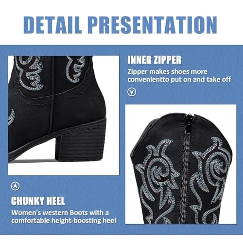 Vepose Women’s Black Cowboy Mid Calf Boots, Cowgirl Western Embroidered Chunky Low Heel 9800 Boots with Zipper, Size 9.5M US, (CJY9800 Black 09.5) - Thumbnail 4