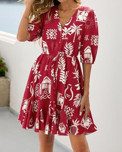 BTFBM Women Summer Spring Floral Boho Dress 2026 V Neck Short Sleeve Ruffle Beach Vacation Clothes Wedding Guest Dresses(Floral Burgundy White, Medium) - Thumbnail 6