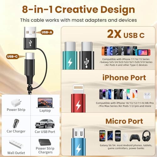 Travel 4 in 2 Multi Charging Cable, USB A/C Charging cords with Dual Type-C/Lightning/Micro USB, Universal iPhone Charger Cord for iPhone Series/Androids/Tablets, Multi Charger Cable (2Pack, 5FT) - Thumbnail 4