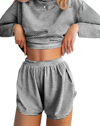JUSTFASHIONNOW Long Sleeve Pajamas for Women Striped Two Piece Lounge Set Travel Outfits Loungewear Sweatsuit Split Short Sets Soft Outfits Casual Crew Neck Sleepwear Pjs (Grey Black, Medium) - Image 1