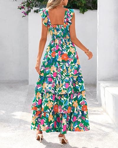 dowerme Summer Dresses for Women 2026 Casual Ruffle Smocked Tiered A-Line Boho Floral Maxi Beach Sun Dress with Pockets(Green Orange Flower,Large) - Thumbnail 5