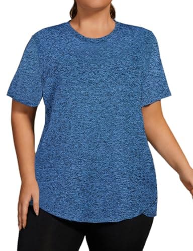 Hithymo Yoga Shirts for Women Plus Size, Short Sleeve Workout Tops Loose Fit Tunic Length Crewneck Quick Dry Light Weight Stretchy Sweat-Wicking Running Gym Tshirts Dark Blue - Image 1