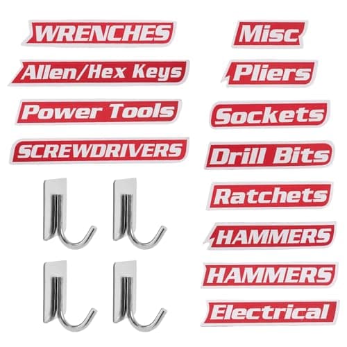 Magnetic Tool Box Labels and Hooks Set, 12 PCS Toolbox Magnetic Labels + 4PCS Self Adhesive Metal Hooks, Reusable Tool Box Accessories Organize for Steel Carts, Drawers, and Cabinets(Red) - Image 1