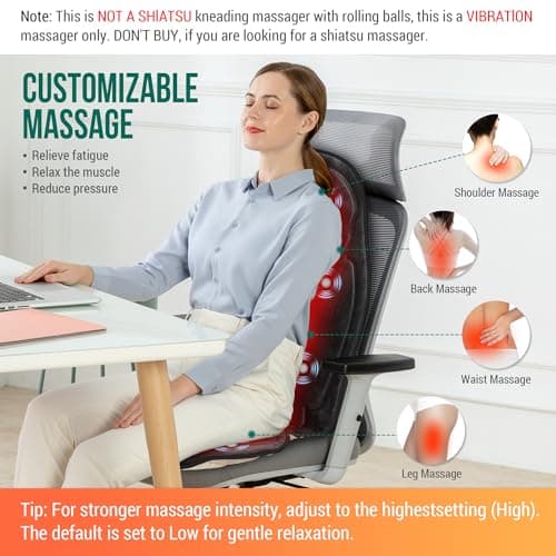 Snailax Vibration Back Massager with Heat, Massage Seat Cushion with 6 Vibrating Motors and 2 Heat Levels, Massage Chair Pad for Home Office use, Gifts for Him Her - Thumbnail 3