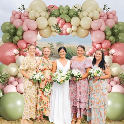 Sage Green Pink Yellow Pastel Balloon Arch Kit, 124Pcs Dusty Blush Macaron Yellow Sand White Pink and Green Balloons for Wildflower Baby Shower Wedding Bridal Birthday Gender Reveal Party Decorations - Thumbnail 2