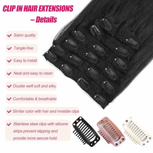 Yaki Straight Clip in Hair Extensions Real Human Hair 20Inch 120g 6Pcs Seamless Human Hair Clip in Extensions for Women Clip ins Hair Extensions Double Weft (Black, 20 Inch) - Thumbnail 4