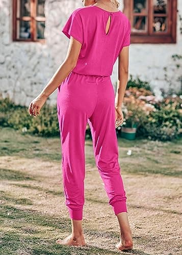 KIRUNDO Jumpsuits for Women Summer 2026 Casual Short Sleeve One Piece Outfits Drawstring Waist Long Pants Romper Jumpers(Rose Red, Large) - Thumbnail 6