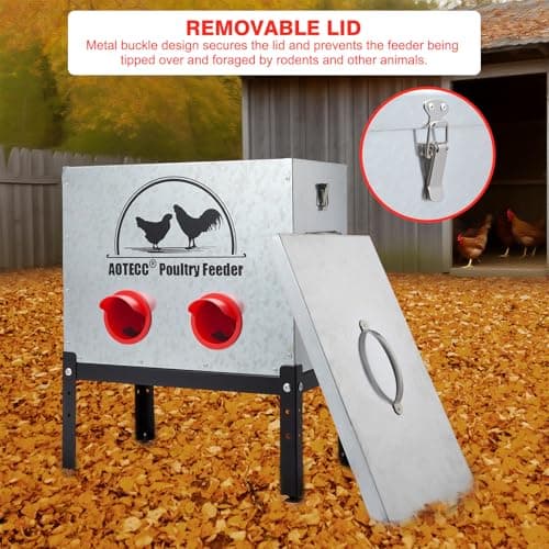 AOTECC Metal Chicken Feeder, 40lb Automatic Chicken Feeder - 6 Feeding Ports, No Waste Poultry Feeder with Locking Lid & Legs for Outdoor Inside Chicken Coops Geese Ducks, Weatherproof, Rodent Proof - Thumbnail 3