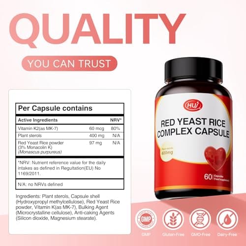 HUJ Red Yeast Rice Complex Capsule - Contains Red Yeast Rice Powder, Plant Sterols & Vitamin K2 - Maintain Healthy Cholesterol Levels and Supports Cardiovascular Health - 60 Capsules - Thumbnail 6