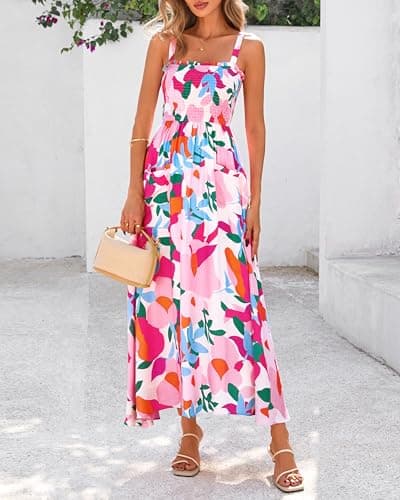 PRETTYGARDEN Womens Summer Dresses 2026 Casual Spaghetti Strap Ruffle Smocked Flowy Floral Spring Maxi Dress with Pocket(Apricot Rose Red Flower,XX-Large) - Thumbnail 3