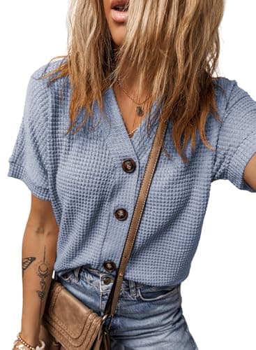 Dokotoo Women's Cardigan Short Sleeve Waffle Knit Shacket Solid Color Going Out Outfits Boyfriend Loose Fit Button Down Shirts V Neck Sky Blue Cropped Summer Tops X-Large - Image 1