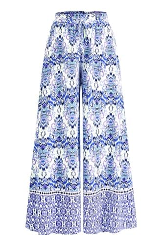 CFLONGE Women Wide Leg Pants Casual High Waist Floral Palazzo Pants for Women Flowy Trendy Lounge Boho Beach Trousers Pockets(Blue,Small) - Image 1