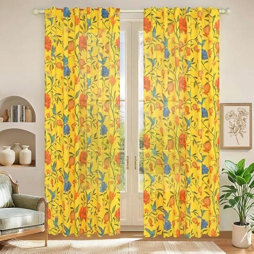 JOOJA Spring Bird Floral Linen Bedroom Curtains 2 Panels 84 Inches Mustard Yellow Printed Window Patterned Colorful Kitchen Semi Blackout Sheer Boho Curtains for Bedroom Living Room - Image 1