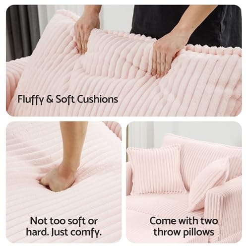 Indoor Chaise Lounge Chair with Ottoman, Comfy Faux Fur Plush Corduroy Lounge Sofa, Modern Cloud Couch Chair with Wide Armrests (Pink (No Storage)) - Thumbnail 5