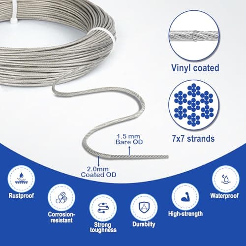 TooTaci Turnbuckle Wire Tensioner Kit, 100ft 1/16 Vinyl Coated Stainless Steel Wire Rope Cable with M5 Turnbuckles for Curtain, Garden Trellis, Picture, String Lights Hanging, Climbing Plants Outdoor - Thumbnail 2